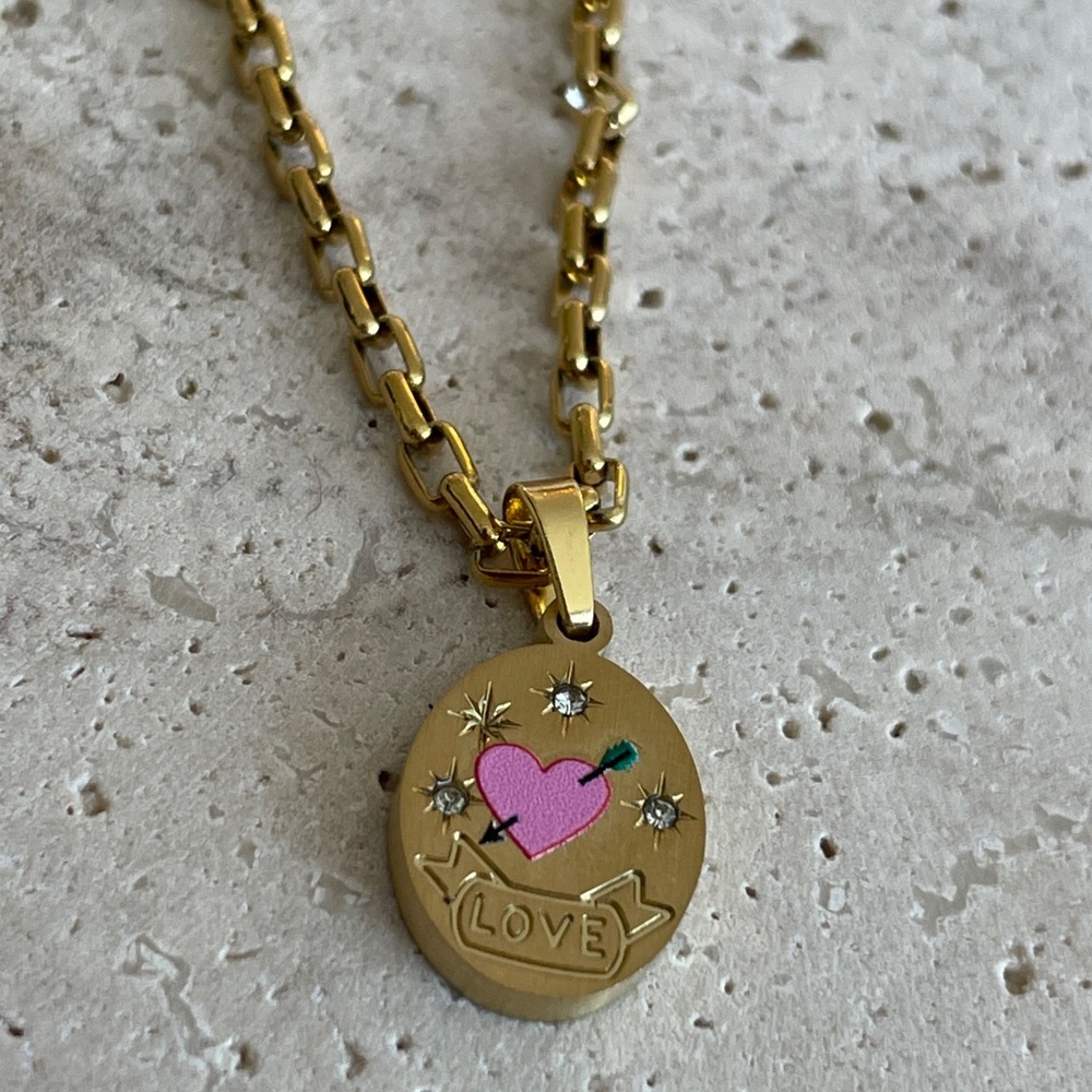 Gold Pendant Necklace with Pink Heart Love Motif